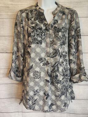 Roz & Ali XS Floral Plaid Blouse Roll Tab Sleeve Boho Chic Workwear